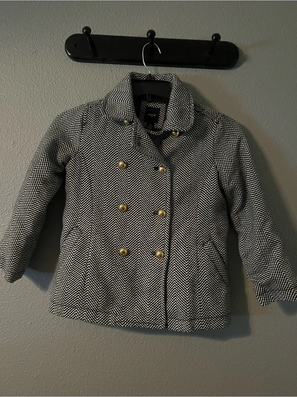 GAP Black and White Herringbone Double-Breasted Peacoat